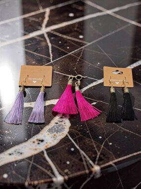 3 PAIR OF TASSEL EARRINGS~ PINK, BLACK, LAVENDER